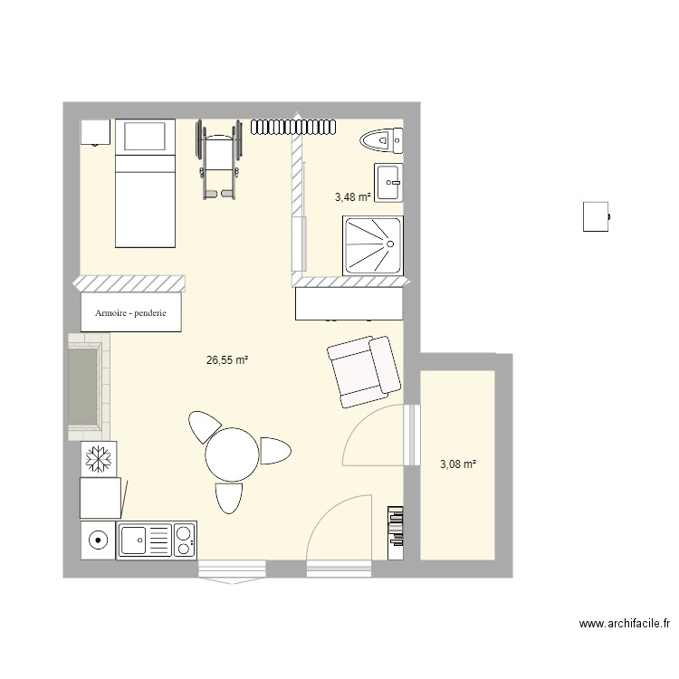 studi. Plan de 3 pièces et 34 m2