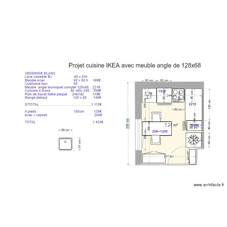 PROJET CUISINE STUDIO IKEA  avec autre meuble angle 60. Plan de 1 pièce et 7 m2