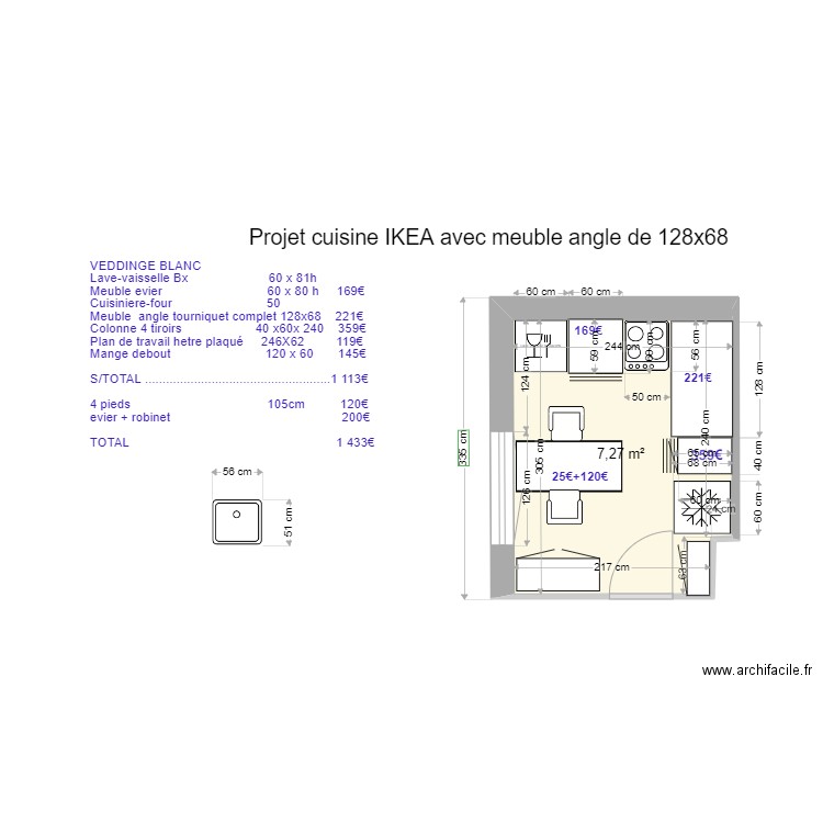 PROJET CUISINE STUDIO IKEA  avec autre meuble angle 60. Plan de 0 pièce et 0 m2