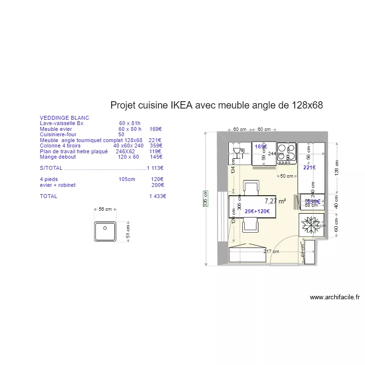 PROJET CUISINE STUDIO IKEA  avec autre meuble angle 60. Plan de 