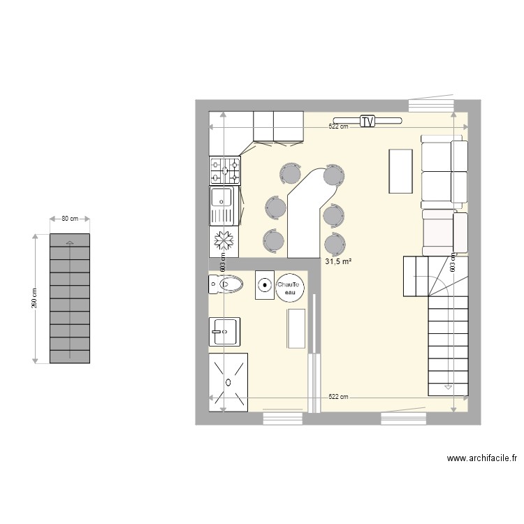 Plan maison 35m2 au sol avec mezzzanine. Plan de 1 pièce et 32 m2