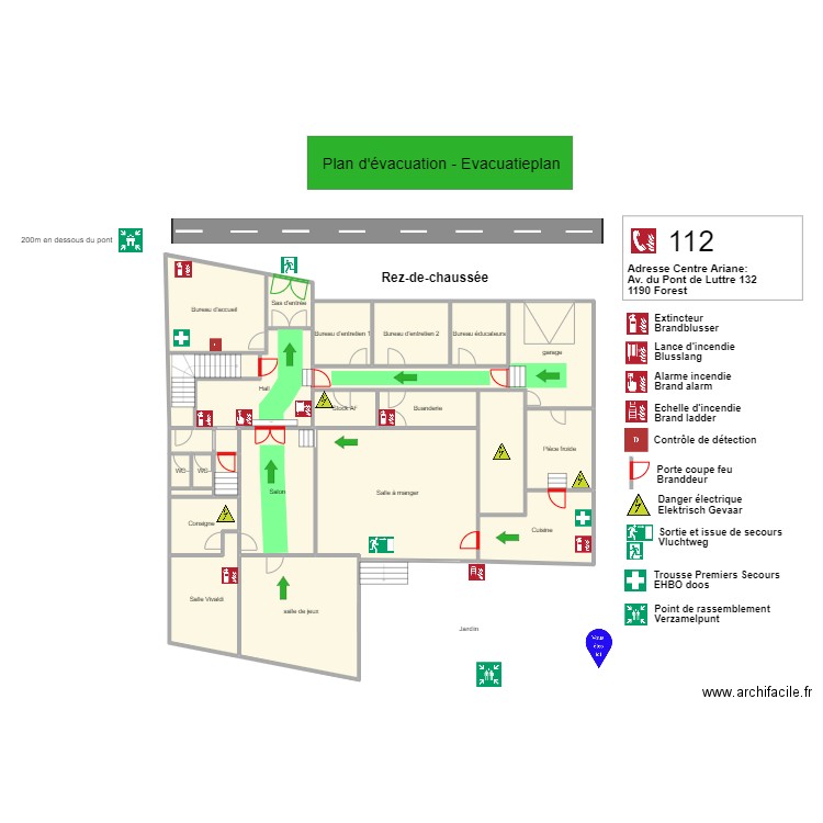 Evacuation 0. Plan de 24 pièces et 292 m2