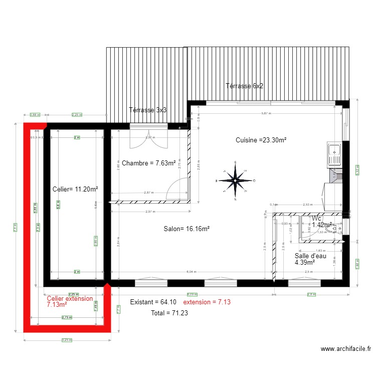 Existant                       Richard chalet 32. Plan de 3 pièces et 70 m2