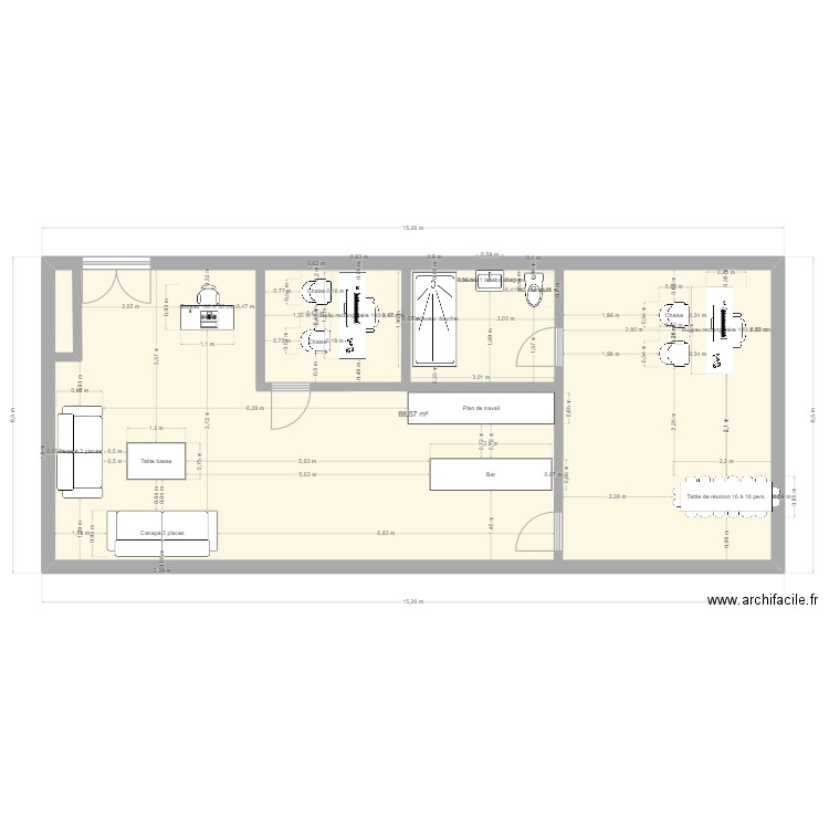 BUREAUX . Plan de 1 pièce et 89 m2