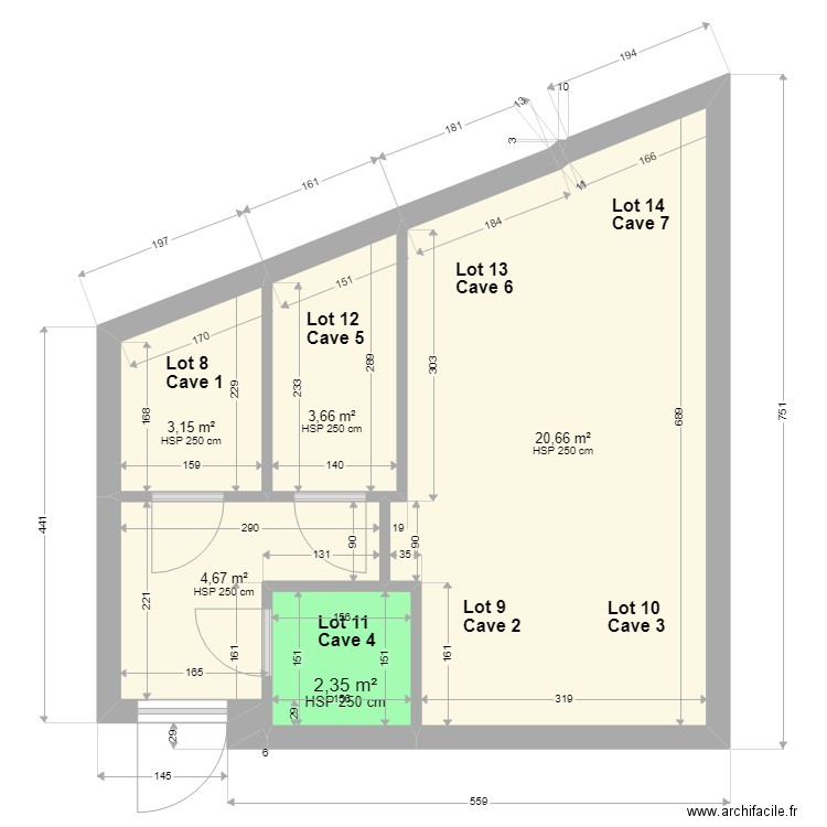 plan 7 caves modifié 2 & 1. Plan de 5 pièces et 34 m2