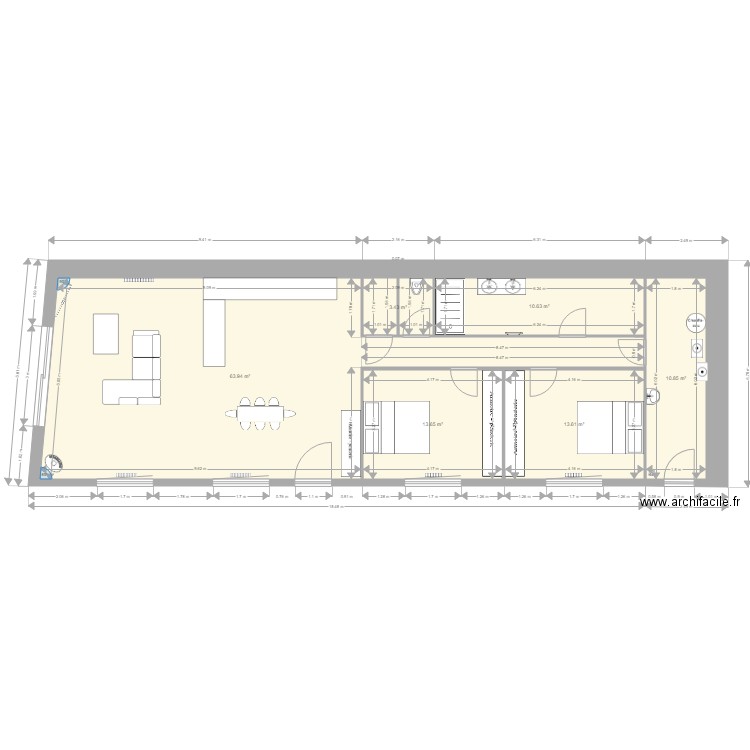 Plan Surface Couloir central  Murs  Ouvertures meubles cotations. Plan de 0 pièce et 0 m2