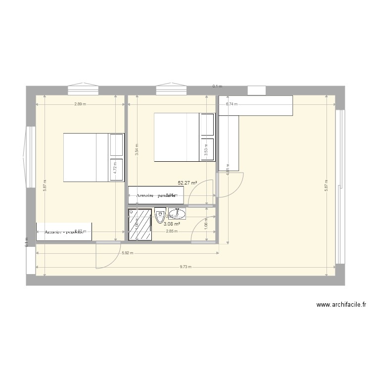 Appartement parc ducup. Plan de 2 pièces et 55 m2