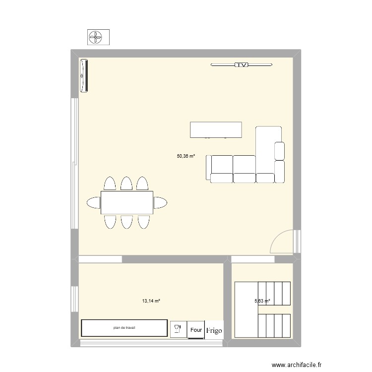 etage bas. Plan de 3 pièces et 69 m2