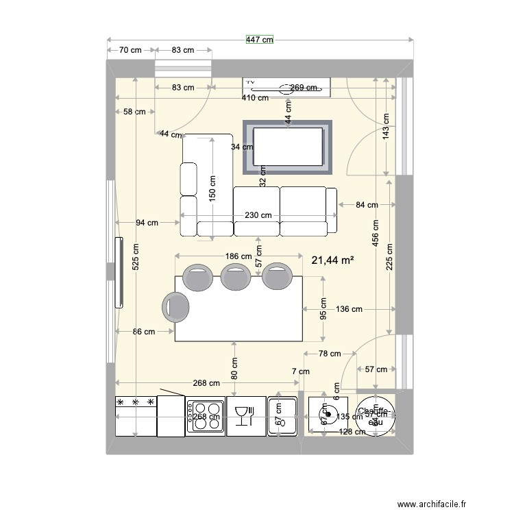 Caudéran salon 3. Plan de 1 pièce et 21 m2