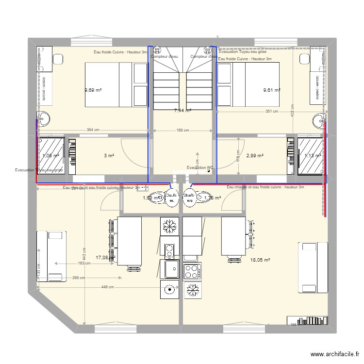 Abbaye 32 cuisine dos à dos. Plan de 11 pièces et 73 m2