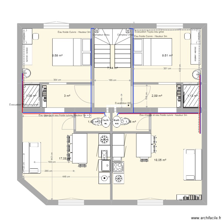 Abbaye 32 cuisine dos à dos. Plan de 0 pièce et 0 m2