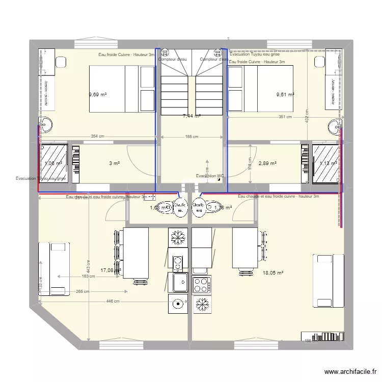 Abbaye 32 cuisine dos &agrave; dos. Plan de 