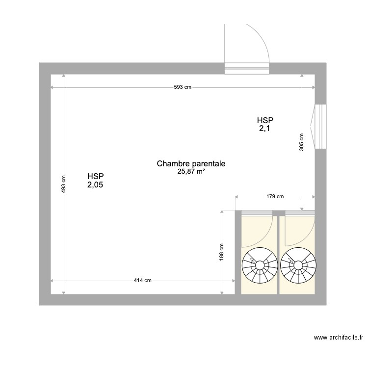 Chambre parentale RP. Plan de 3 pièces et 29 m2