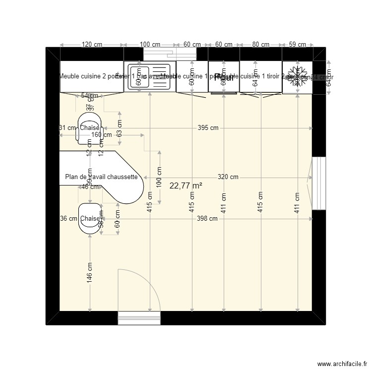 devoir cuisine. Plan de 1 pièce et 23 m2