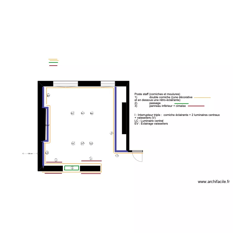 cuisine (poste staff : corniches et moulures). Plan de 