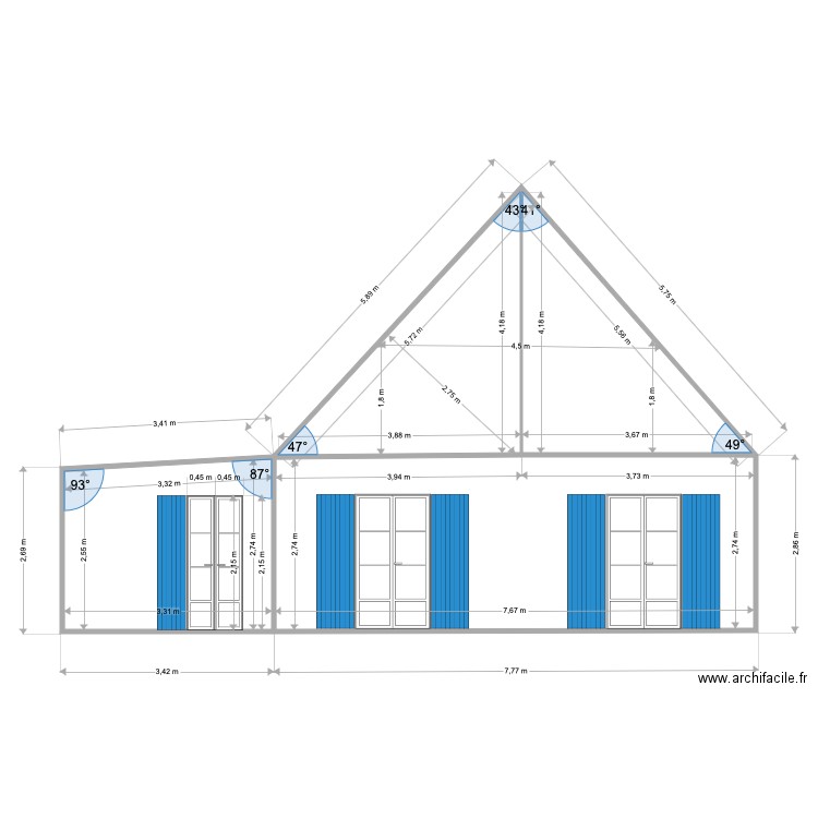 Facade NORD  état projeté avec extension. Plan de 4 pièces et 46 m2