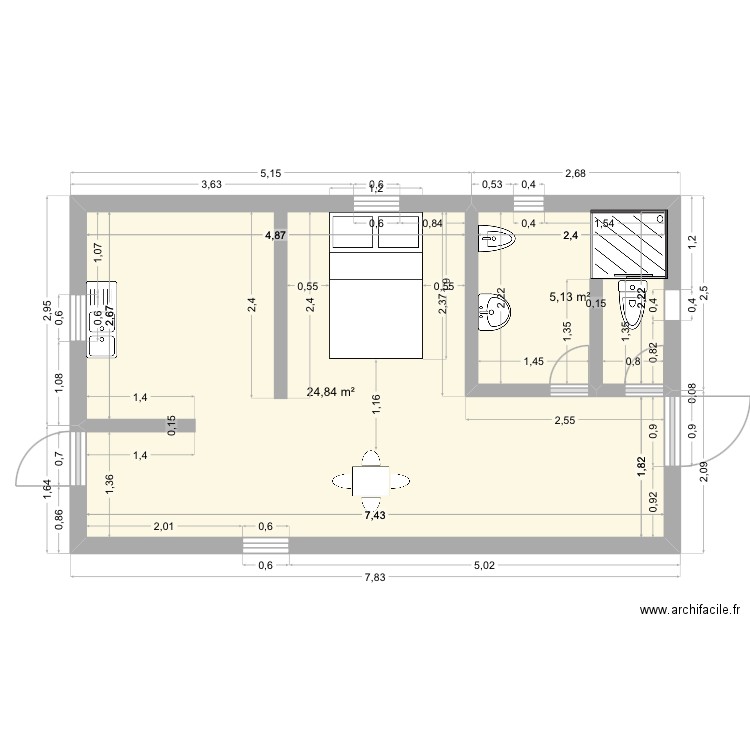 Studio Gwada. Plan de 2 pièces et 30 m2