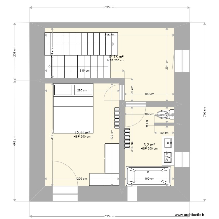 etage. Plan de 3 pièces et 30 m2