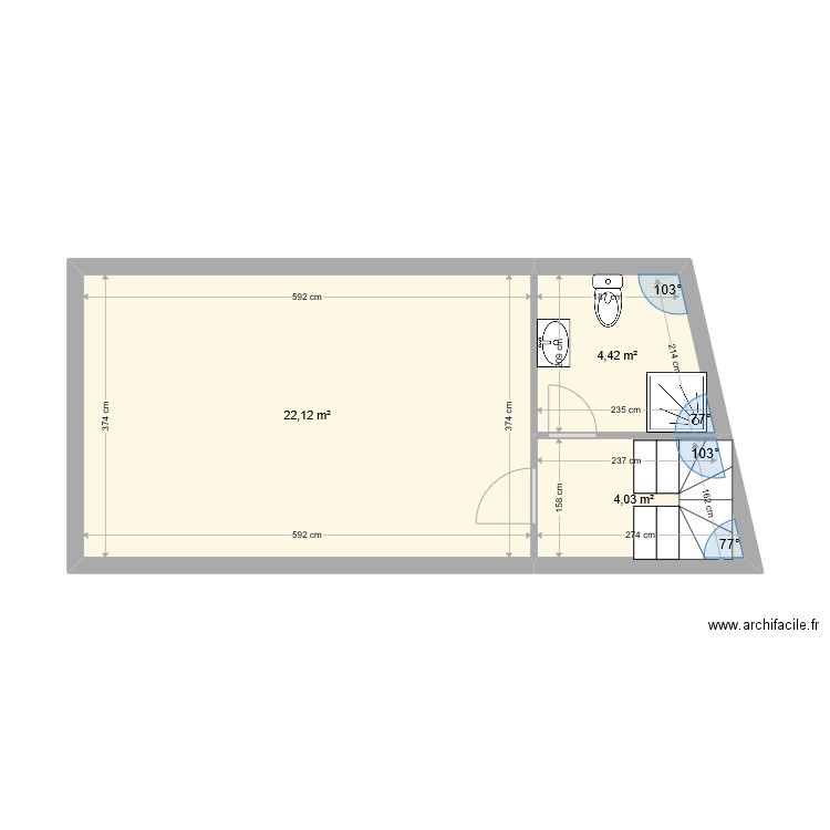 Comble VILLERVILLE avec modification. Plan de 3 pièces et 31 m2