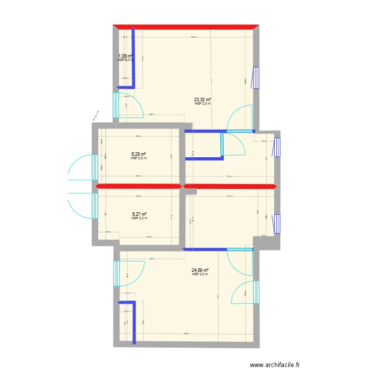 Muriel ch 1 & 2. Plan de 5 pièces et 61 m2