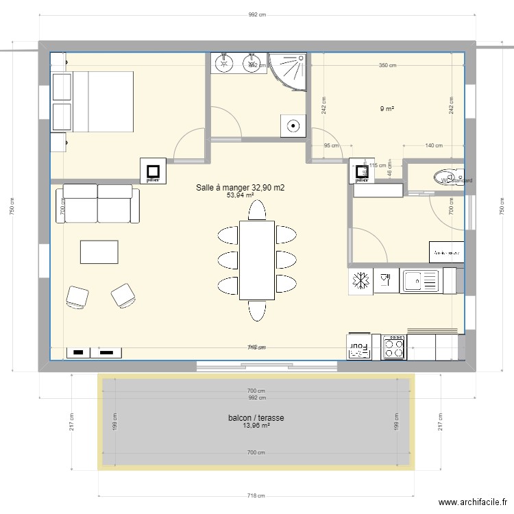 rochail 2 chambres. Plan de 3 pièces et 89 m2