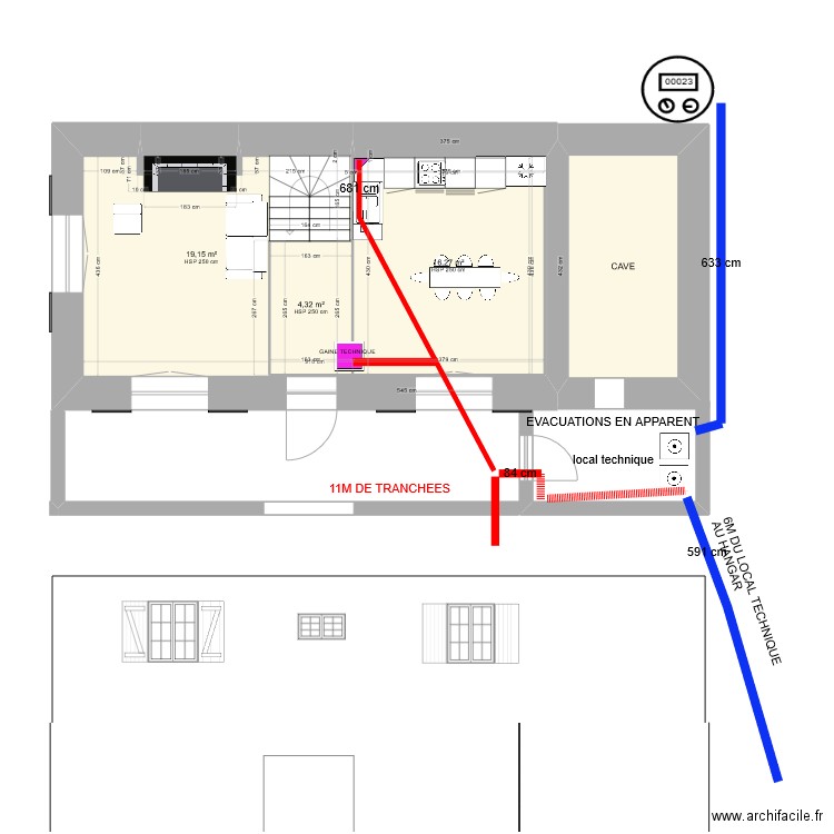 MAISON RDC PLAN GAINES ET TRANCHEES. Plan de 5 pièces et 61 m2