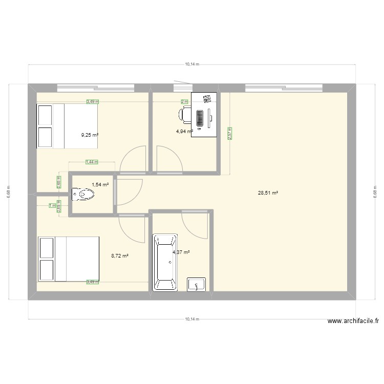 maison plain pied 4. Plan de 6 pièces et 57 m2