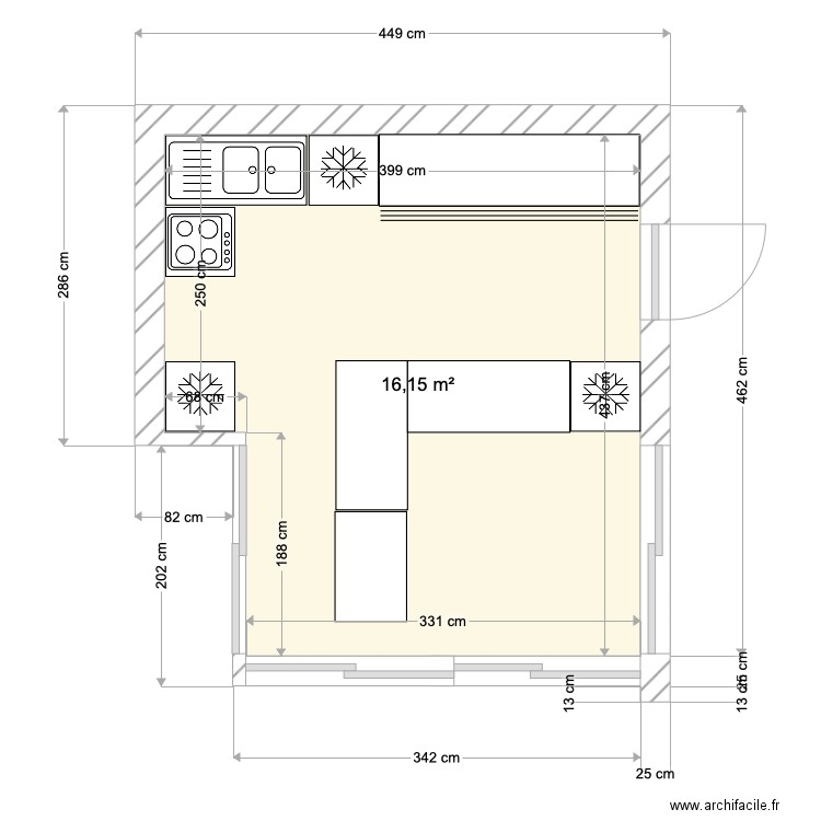 plan véranda traiteur Vietnam Food. Plan de 1 pièce et 16 m2