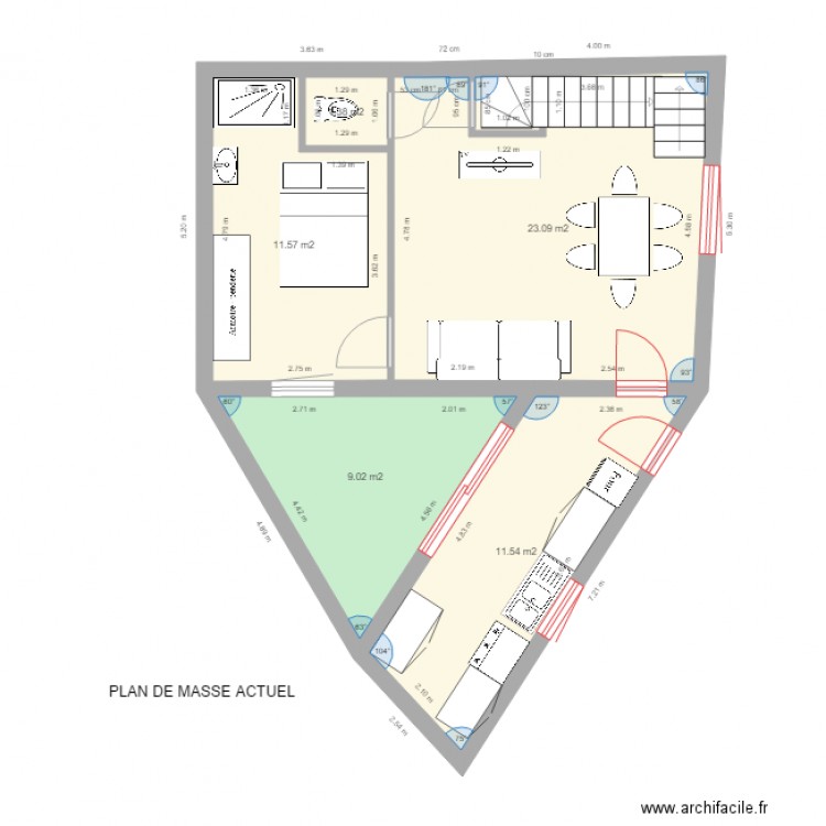 RENANCOURT projection rez de chaussée. Plan de 5 pièces et 57 m2