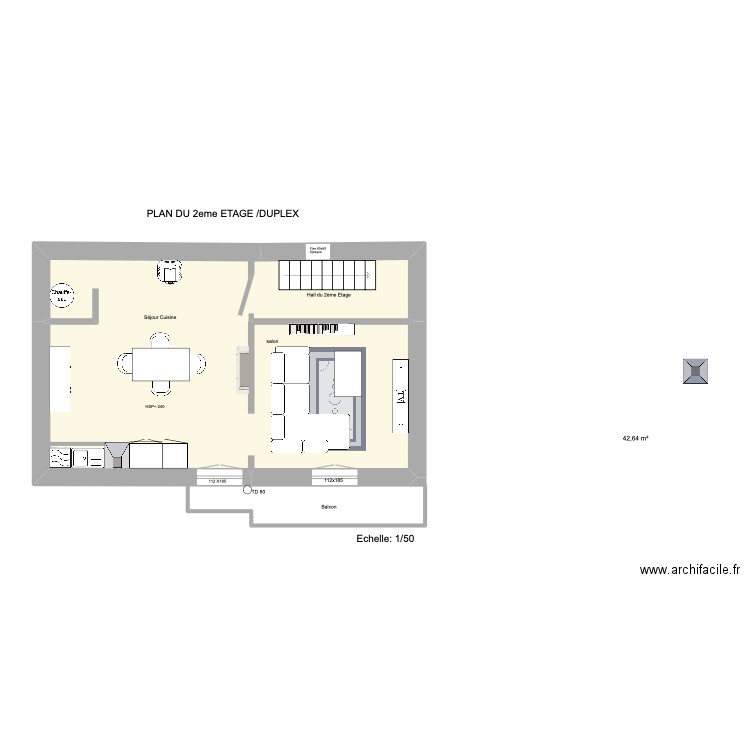 Pedoux. Plan de 1 pièce et 43 m2