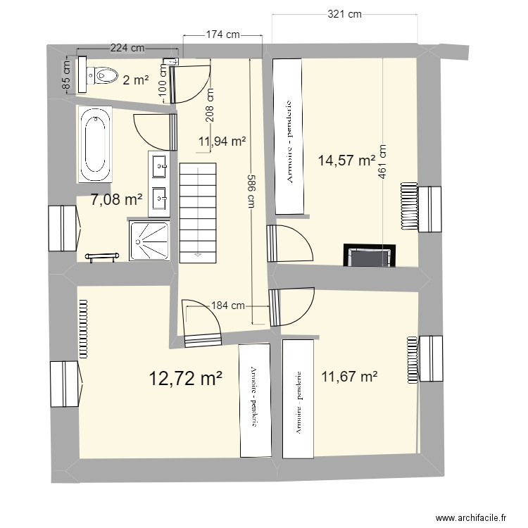 Etage . Plan de 6 pièces et 72 m2