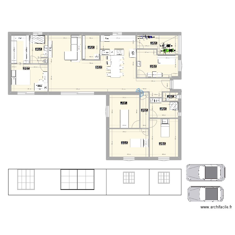 Maison L . Plan de 12 pièces et 145 m2