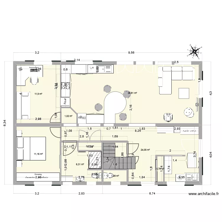 projet 1er &eacute;tage modif cuisine + buanderie+ sdb V3. Plan de 9  et 93 m²