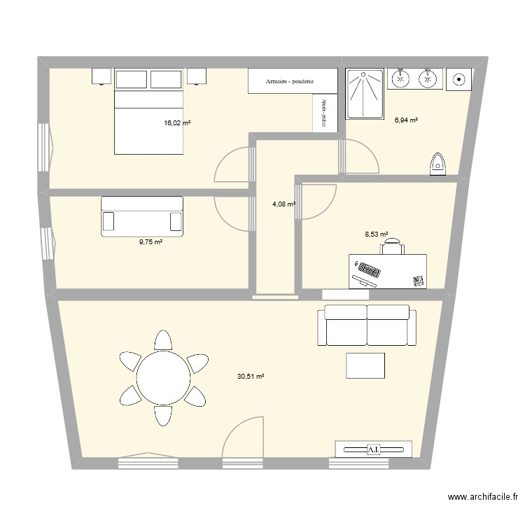 Plan n°1 avec aménagement. Plan de 6 pièces et 76 m2