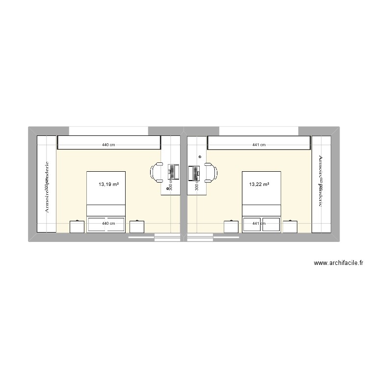 chambres Enfants. Plan de 2 pièces et 26 m2