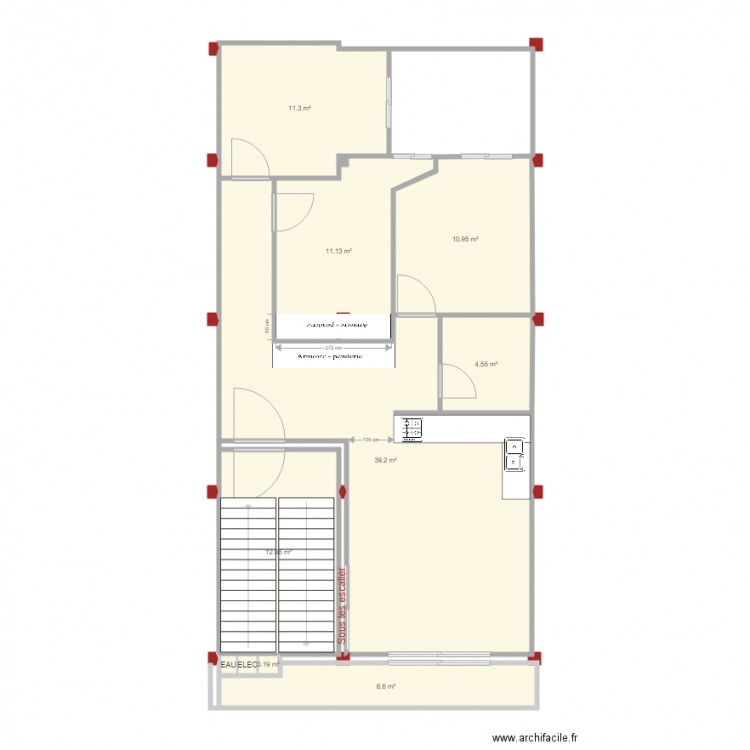 1 ER ETAGE equipee. Plan de 12 pièces et 105 m2