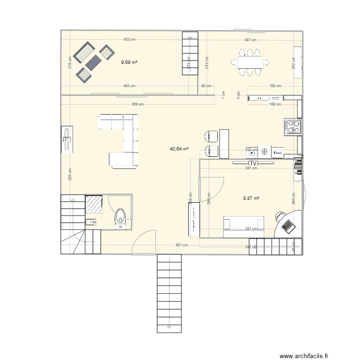 rdc. Plan de 3 pièces et 59 m2