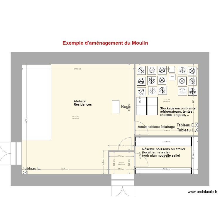 Moulin. Plan de 4 pièces et 73 m2