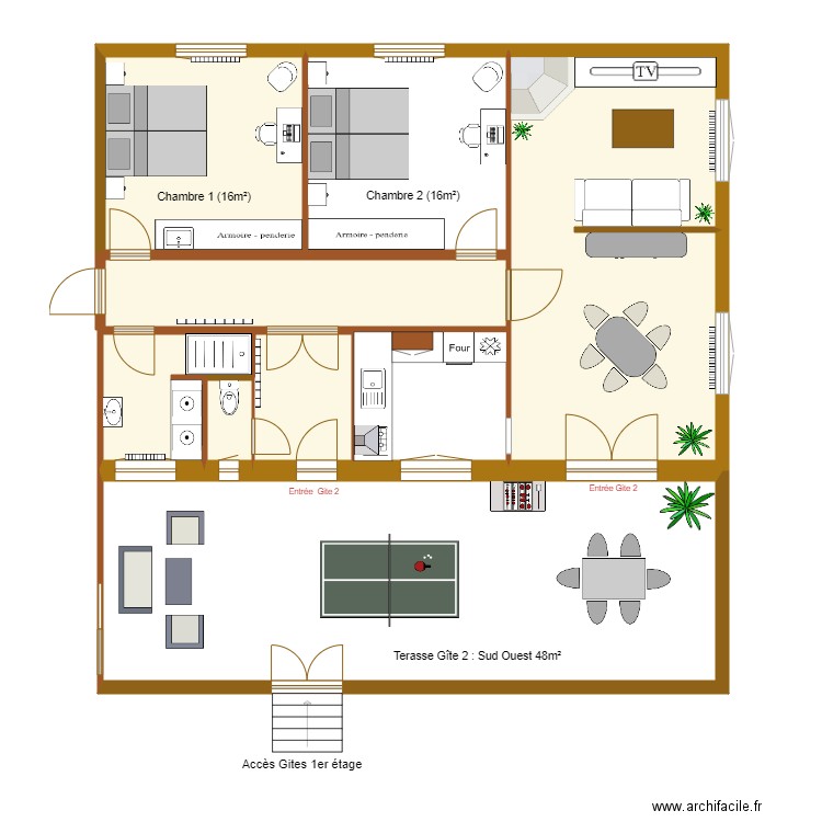 Gîte T3 1er étage 100m2 avec terrasse 50m2 . Plan de 0 pièce et 0 m2