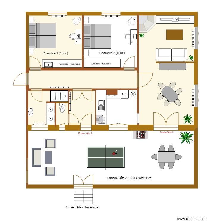 Gîte T3 1er étage 100m2 avec terrasse 50m2 . Plan de 9 pièces et 138 m2