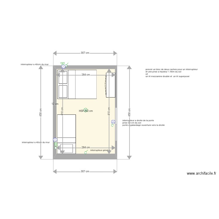 chambre enfant. Plan de 1 pièce et 12 m2