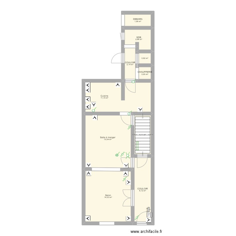 electricité salon salle a manger. Plan de 10 pièces et 61 m2