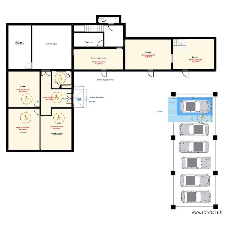 ABCD Rez de chaussée Acc/ERP. Plan de 15 pièces et 327 m2