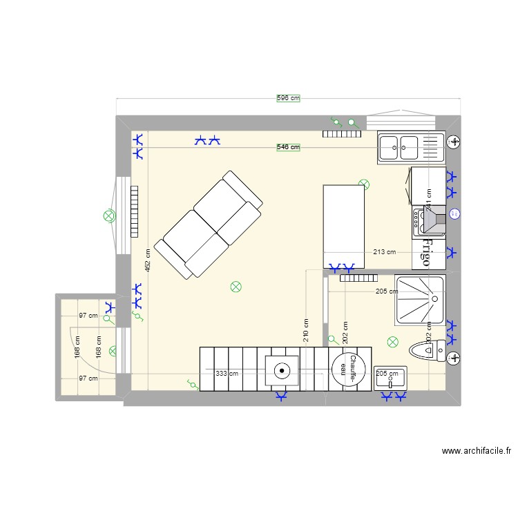 rdc Hino. Plan de 3 pièces et 26 m2