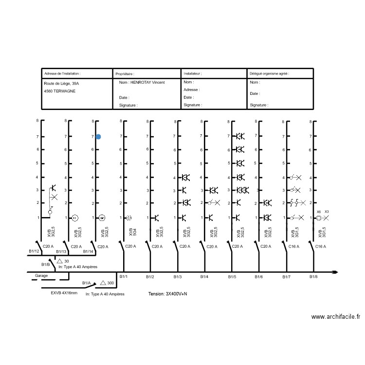 Schéma unifilaire 1 TD B1. Plan de 8 pièces et 15 m2