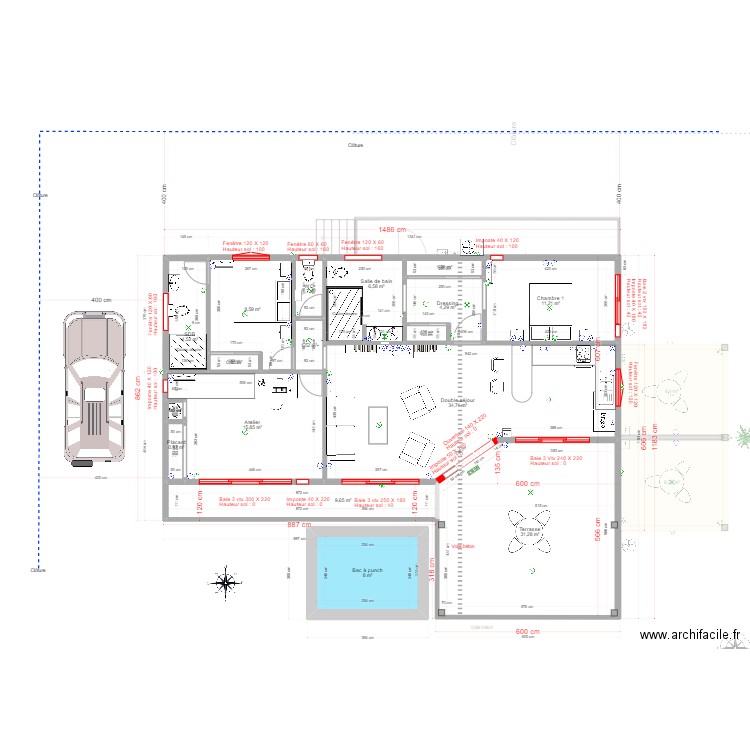 la Balinaise Brique 2 - N&B. Plan de 27 pièces et 241 m2