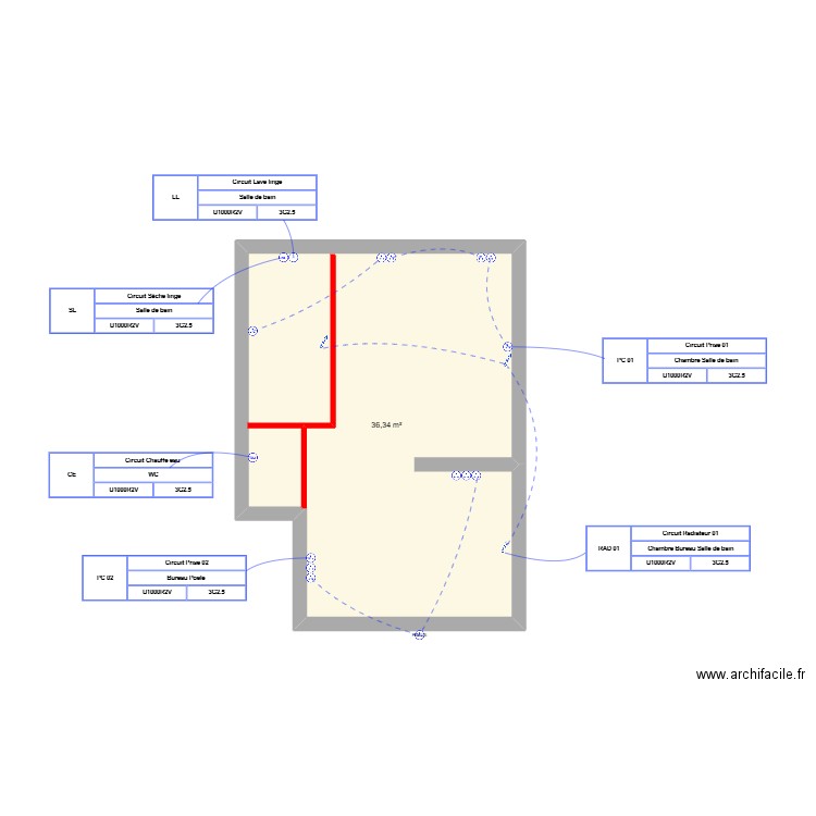 Plan NOE Prise. Plan de 1 pièce et 36 m2