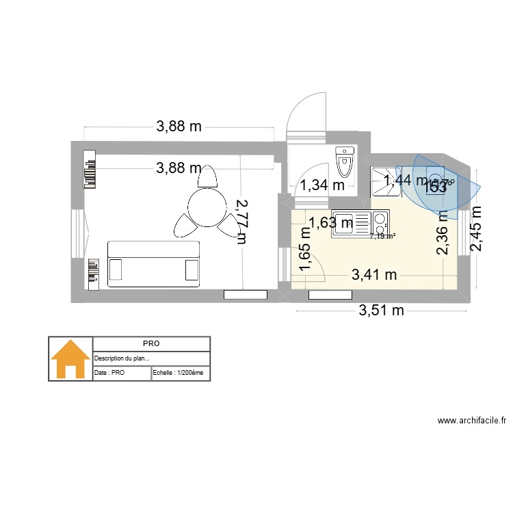Studio 6eme v2. Plan de 1 pièce et 7 m2