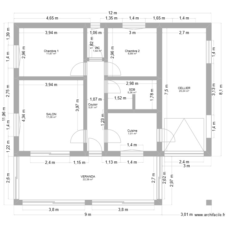 Plan ouverture WC. Plan de 9 pièces et 100 m2