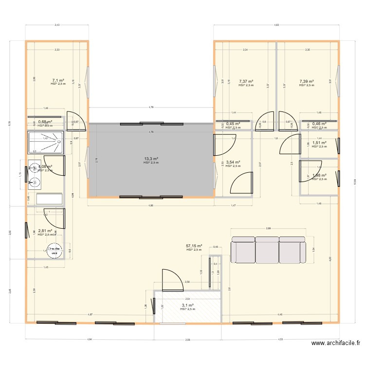 MaisonCont En U. Plan de 14 pièces et 111 m2